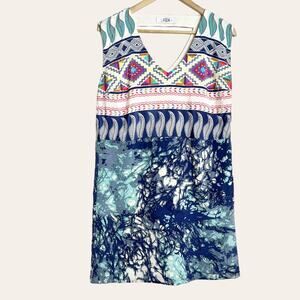 Tibi Aztec Mixed Print 10% Silk Sleeveless V-Neck Mini Shift Dress Size 6